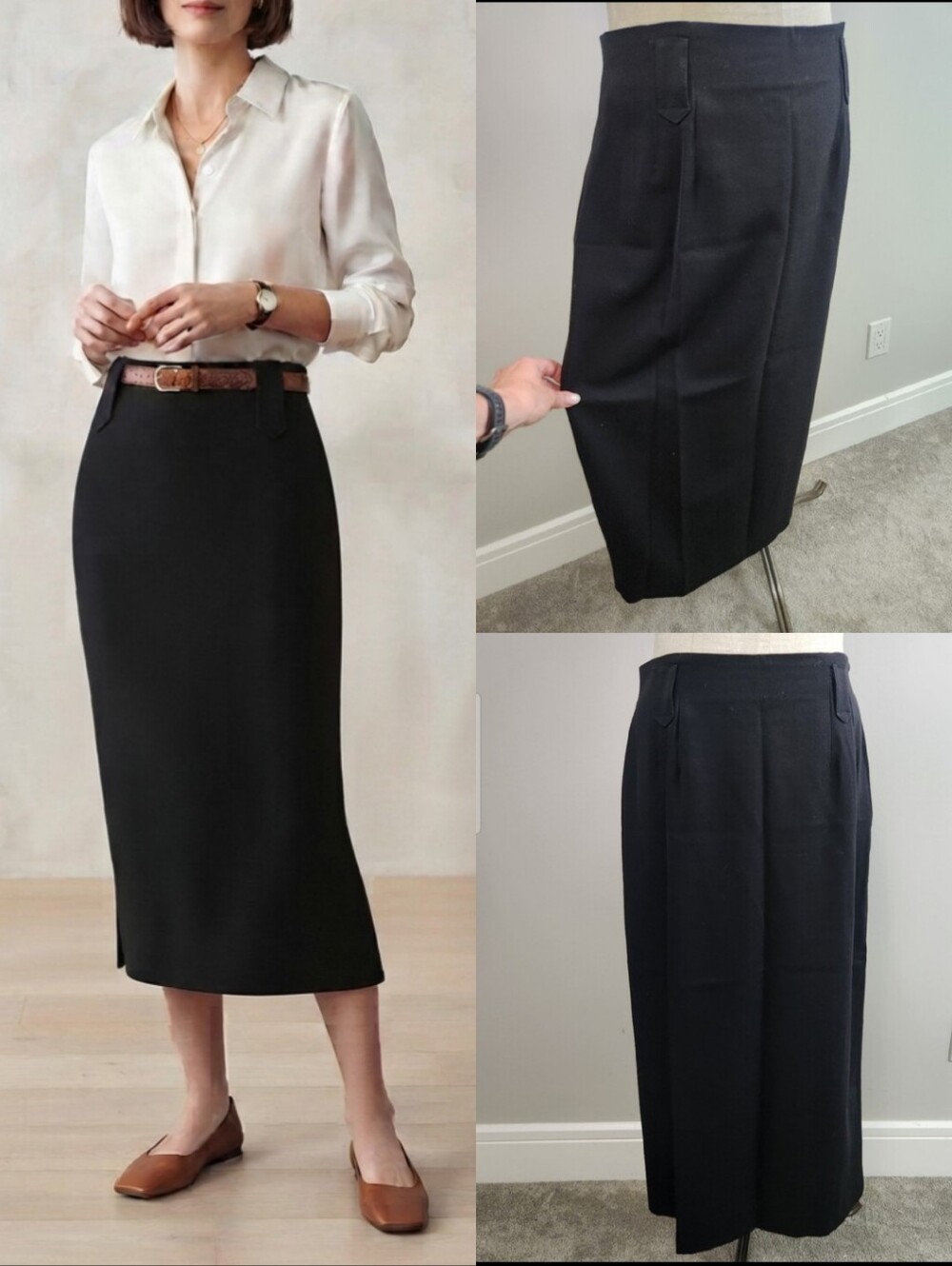 VTG Black Wool Midi 90s Column Skirt Sz 12 Fits L Professional Dark Academia